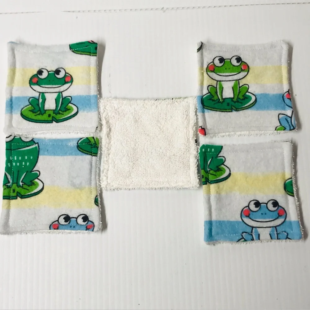 Reusable Set of Five 3.25” Frogs Flannel Fabric with Terry Cloth Makeup Removers